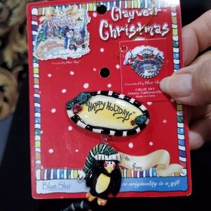Hand Painted Blue Sky Claywear Pottery Pin "Happy Holidays" Penguin 🐧 Christmas